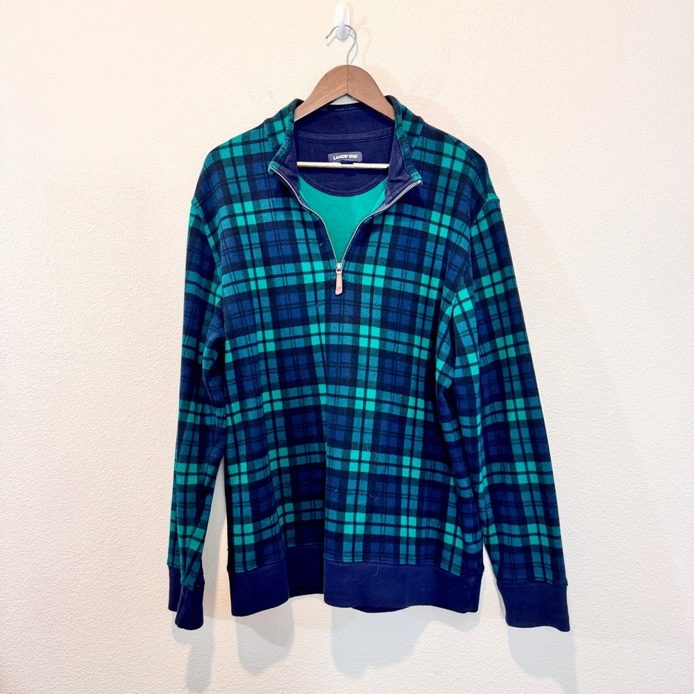 Lands’ End Plaid Quarter Zip Pullover Grunge Coastal Grandpa Preppy XL Cotton
